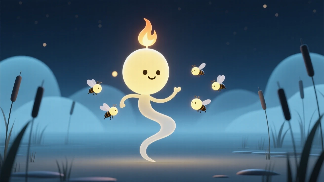 A playful will-o-the-wisp leads fireflies in a dance above a misty midnight marsh, lights bobbing gently.