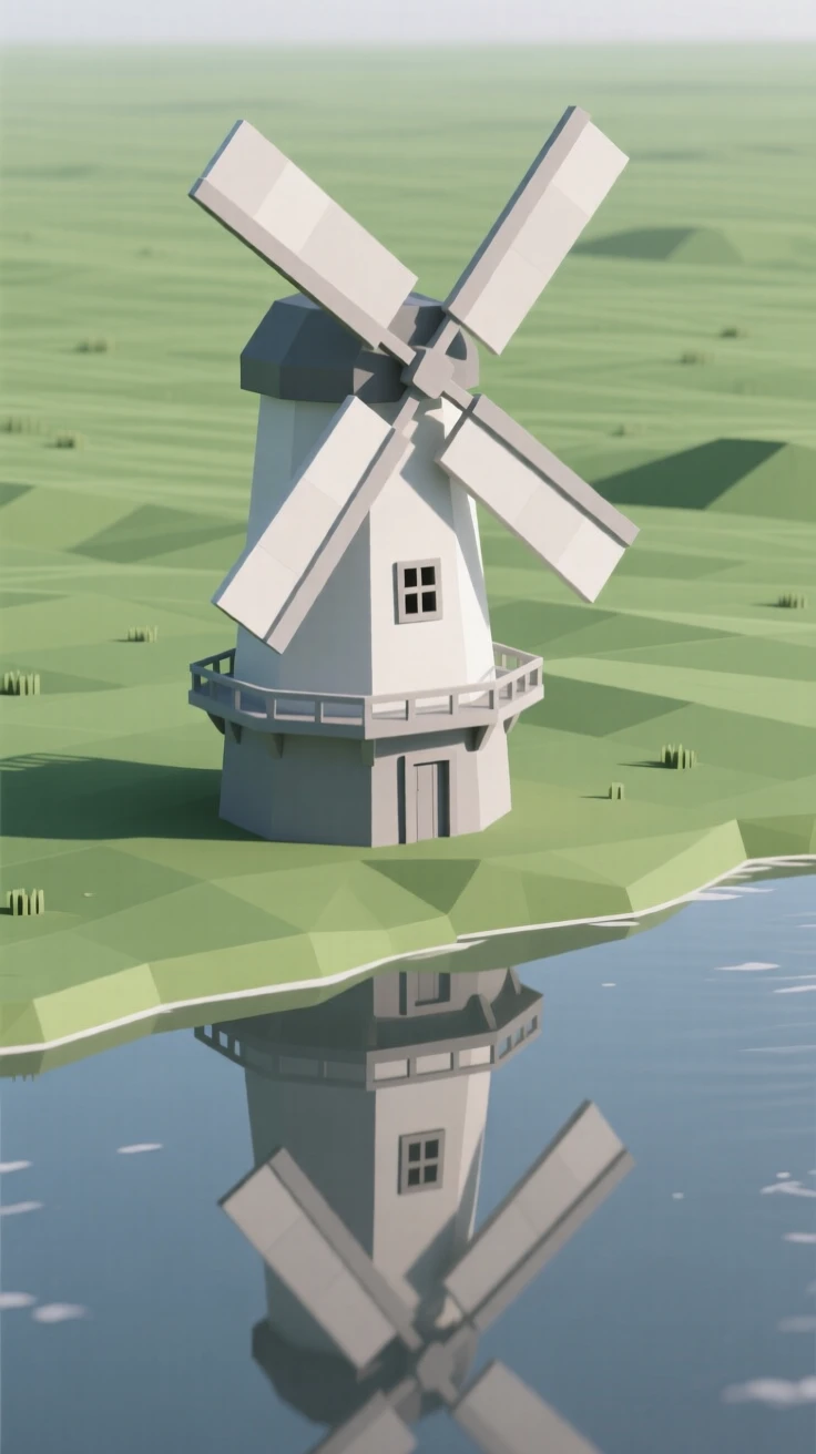 A traditional windmill standing in a green field, reflected perfectly in calm water. soft reflections in water double the architectural detail. It captures a feeling of quiet discovery.