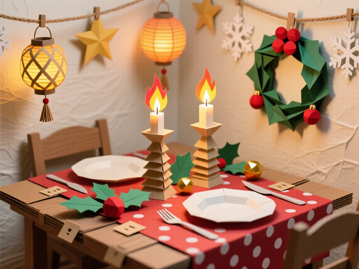 A romantic candlelit holiday dinner illuminated by lanterns and candlelight, with garlands and ornaments adorning every corner, evoking nostalgic seasonal magic.