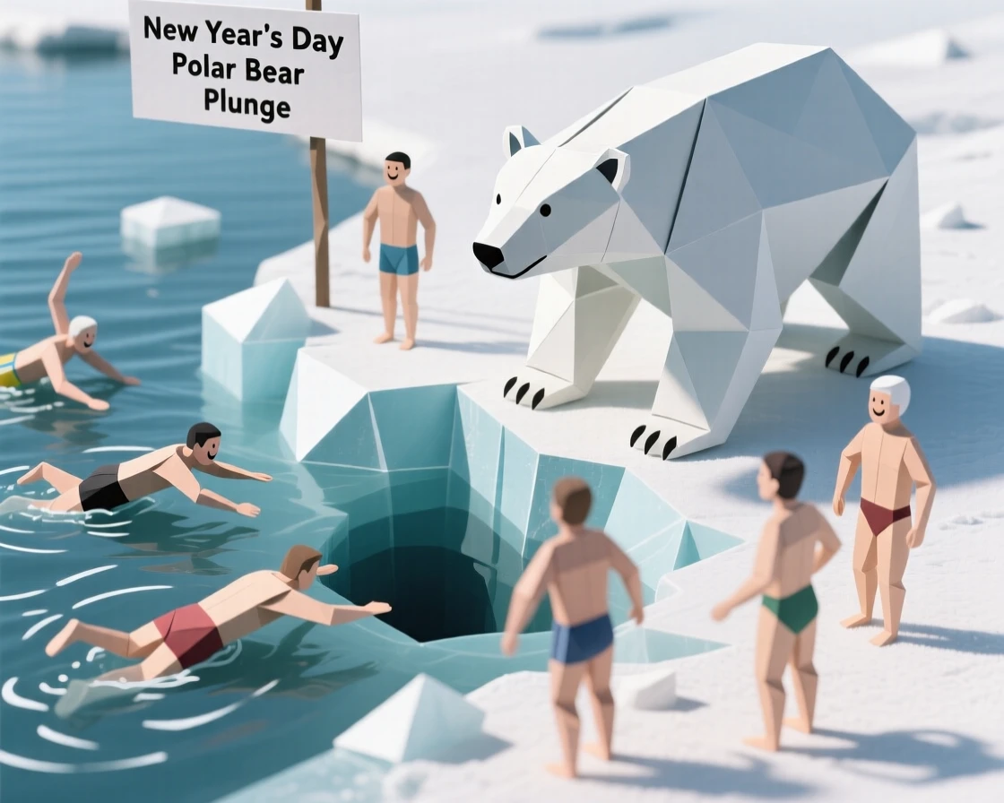 A New Year's Day Polar Bear Plunge scene with cheerful swimmers braving icy water.