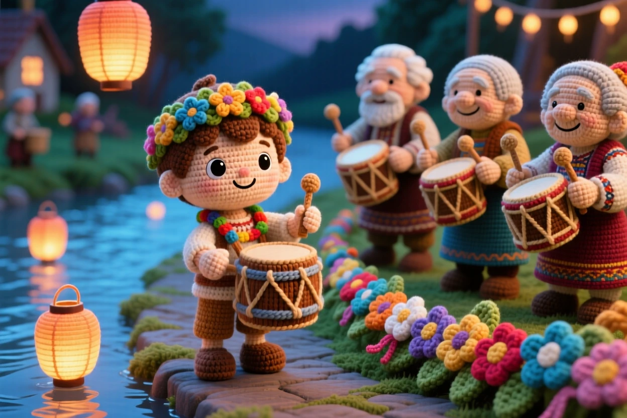 a small boy holding a small drum shaped like a barrel, for a harvest drumming festival, playing alongside village elders, at a riverside path lit with floating lanterns, with a garland of woven flowers draped nearby, radiating heartfelt togetherness during a special gathering.