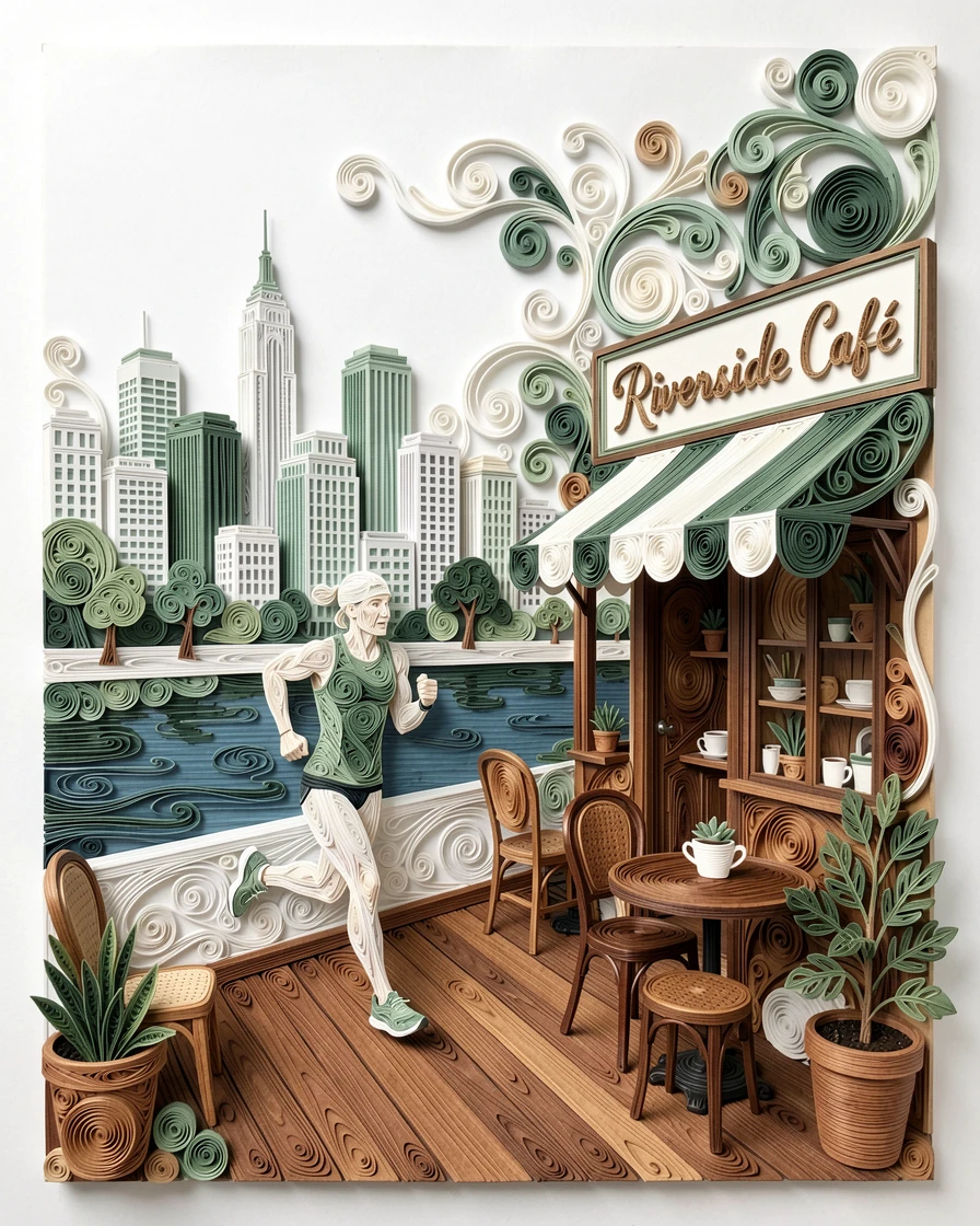 A relaxed modern lifestyle scene of a runner jogging along a scenic city waterfront in a cozy neighborhood café, in a fresh palette of white, sage green, and warm wood tones, arranged with cozy layered textures throughout.