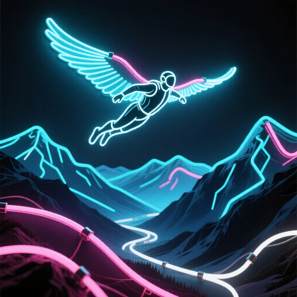 A wingsuit flyer soaring above a dramatic mountain valley.