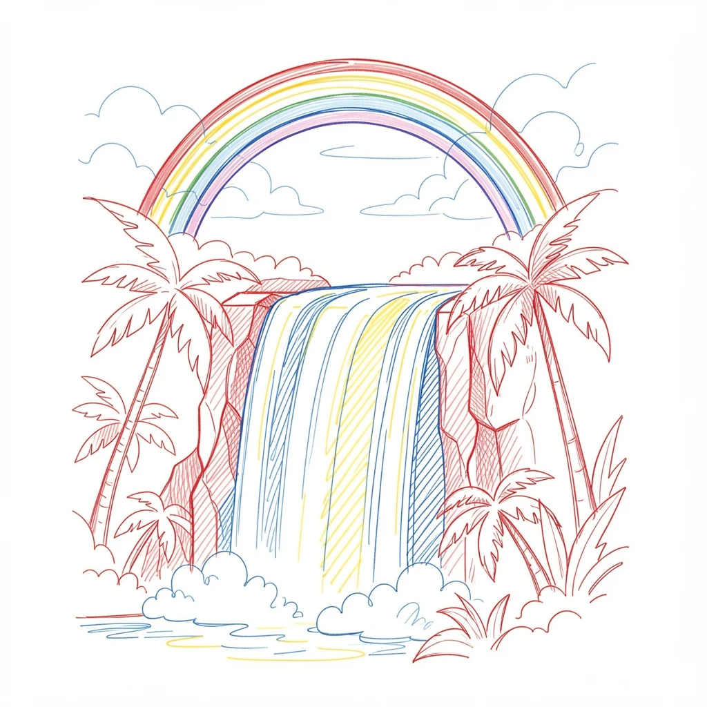 A tropical rainbow arching over a lush waterfall after a storm
