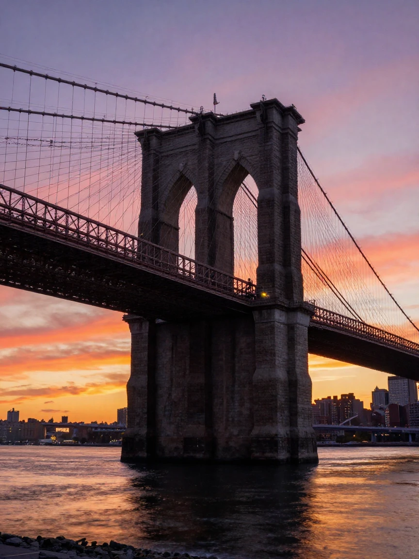 A Brooklyn Bridge silhouette against a colorful sunrise