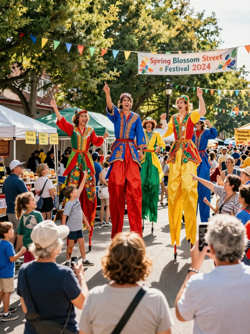 A troupe of stilt walkers towers over a delighted street festival crowd.