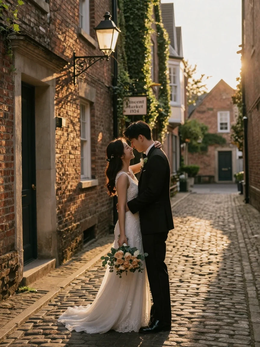 A newlywed couple embracing in a narrow cobblestone alley as the day comes to an end