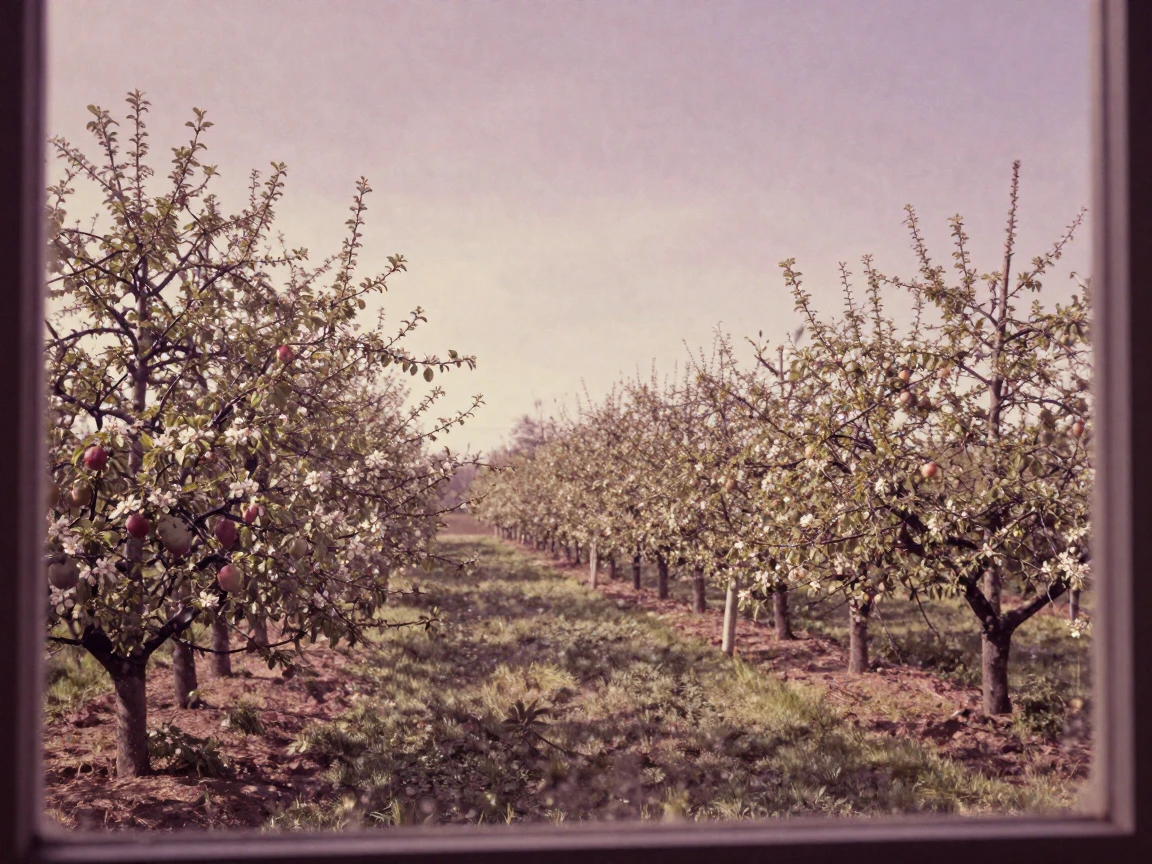 A country orchard heavy with ripening fruit under a wide sky, in soft window light, as heat shimmers over the ground, as spring blossoms unfurl, in dusty lavender and rose tones, through a rain-streaked window.