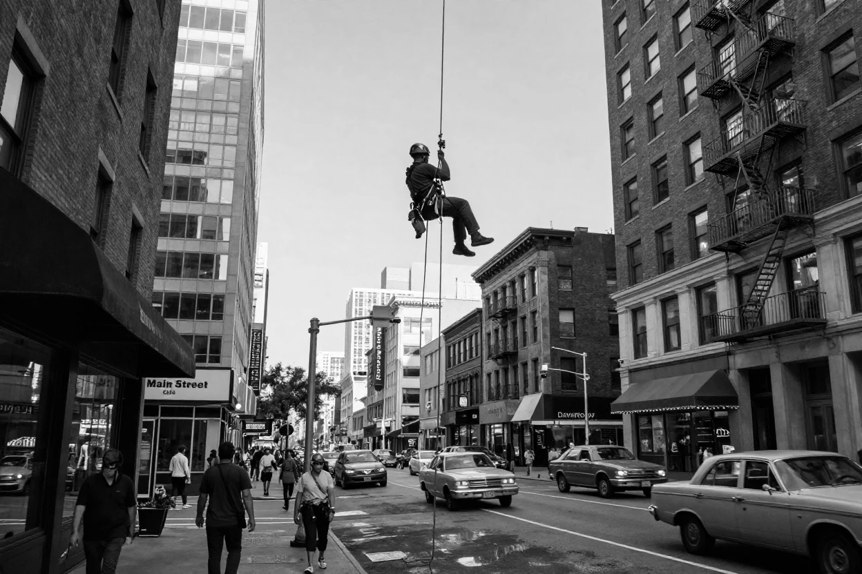 A window washer dangles from a rope high above the street high above a busy downtown street.