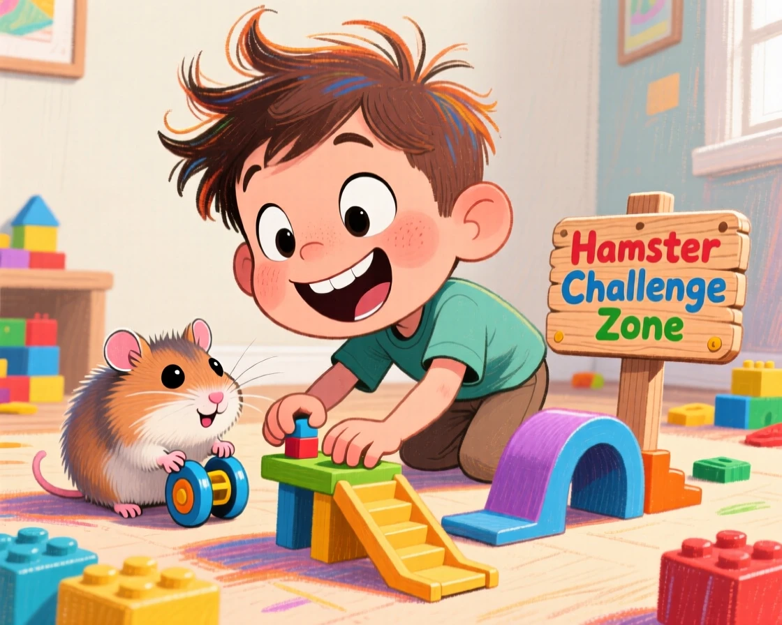 A little boy building a tiny obstacle course for his pet hamster.