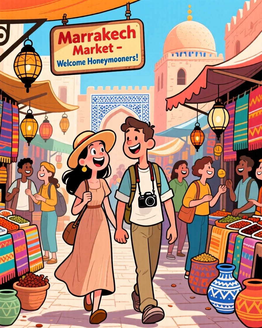 An iconic travel scene featuring a honeymooning couple wandering through a bustling market in Marrakech, surrounded by cheerful fellow travelers.