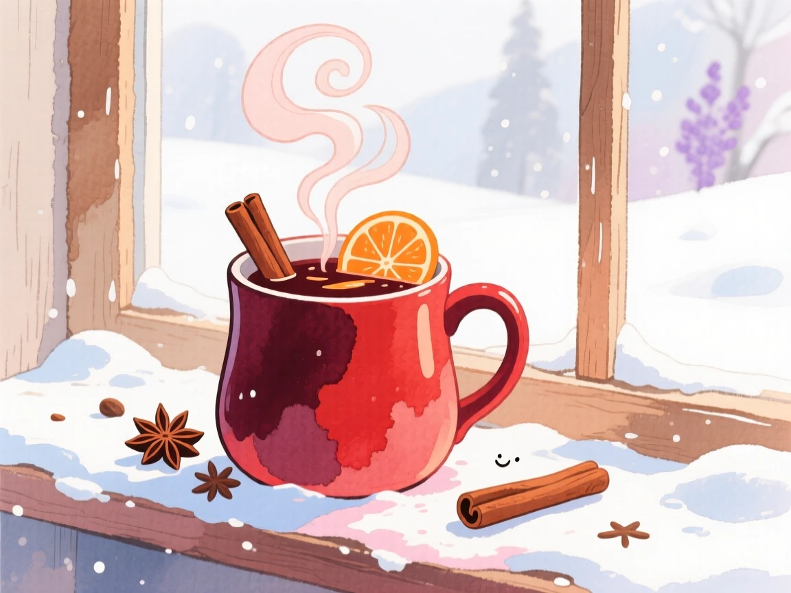 A cozy, appetizing, rustic and comforting scene of a warm mug of mulled wine on a snowy windowsill