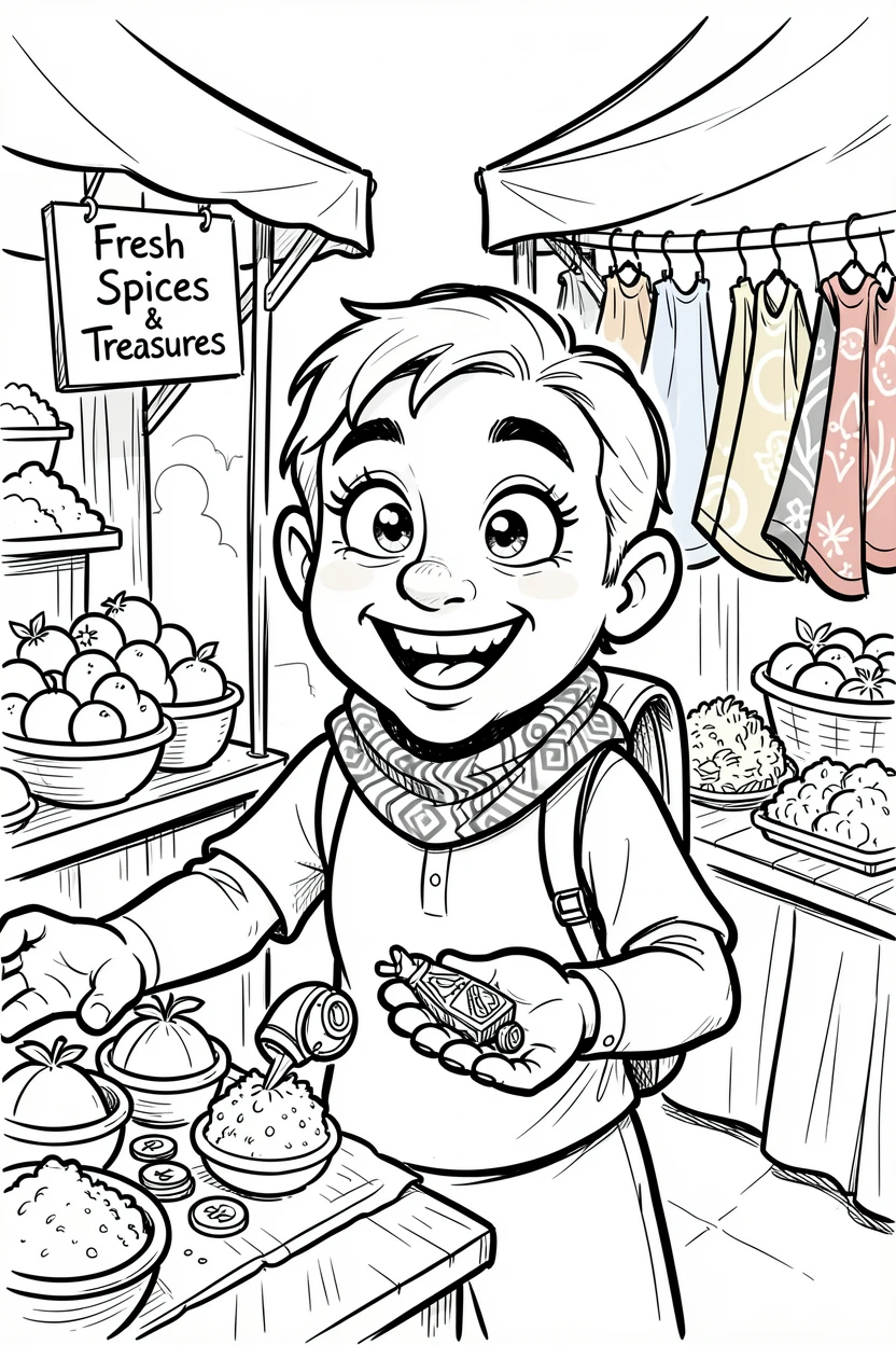 [Travel & Cultural Experiences] Vivid travel scene of a curious cultural tourist haggling cheerfully at a bazaar, full of wonder and adventure