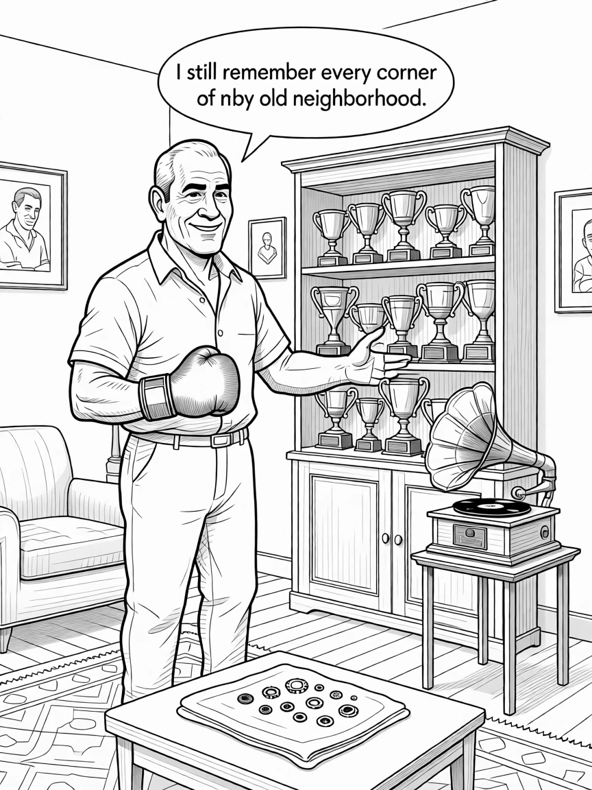 A retired boxer showing old trophies with pride, recalling old addresses with surprising accuracy, set in a cozy living room with an old record player. Tiny gears and springs are scattered neatly on a cloth. The image honors a lifetime of stories worth telling.