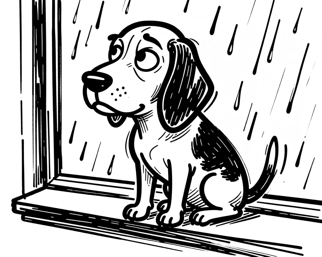 A beagle perched on a windowsill watching rain fall outside with a thoughtful expression.