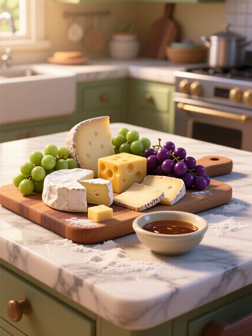 A wooden board of assorted cheeses and grapes sits on a marble kitchen counter dusted with flour, beside a small dish of dipping sauce. A comforting, homey feeling fills the moment.