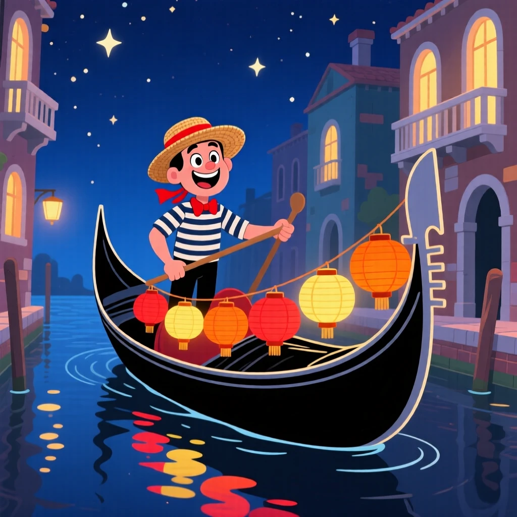 A gondola strung with lanterns crossing a quiet canal at night.