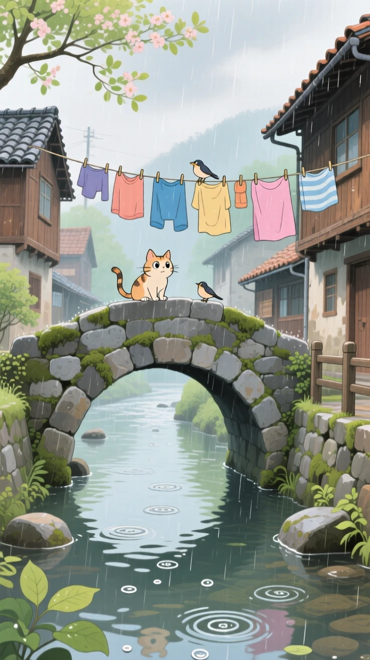 A stone bridge crossing a slow-moving village stream, with laundry lines strung between houses, fluttering in the breeze, during a light spring shower.