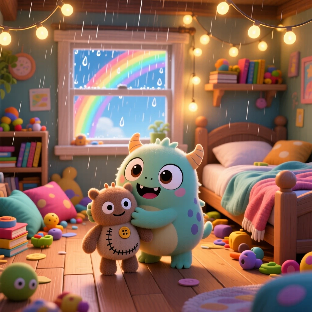 A tiny googly-eyed monster hugging a stuffed toy monster, framed as a wide establishing shot within a cluttered cozy bedroom, under a rainbow after the rain, glowing under warm fairy-light glow, evoking playful mischief.
