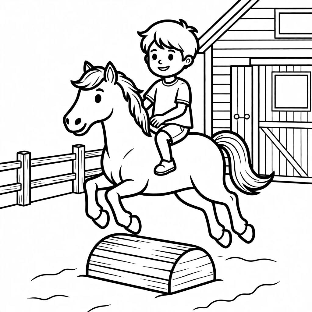 A child riding a horse over a small jump at a stable