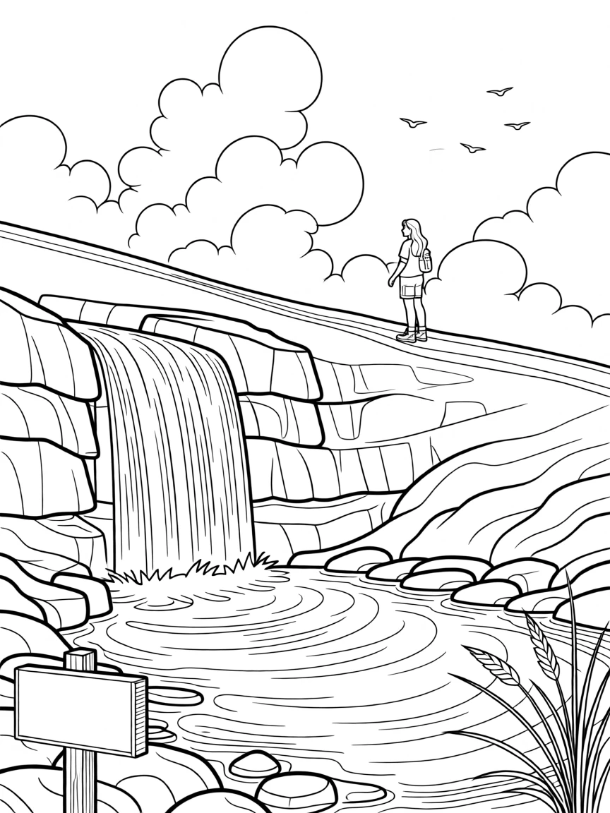 A waterfall cascading into a crystal-clear pool, with a distant figure hiking along a ridge.