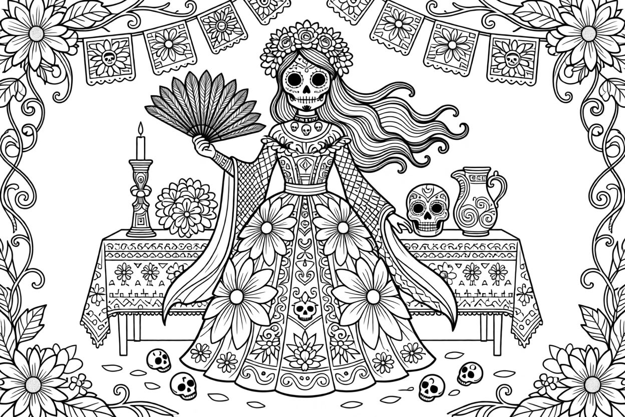 A Catrina figure in an elaborate floral gown for a Day of the Dead celebration.