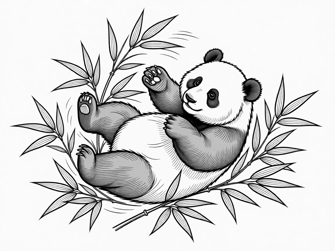 A baby panda tumbling playfully in bamboo leaves