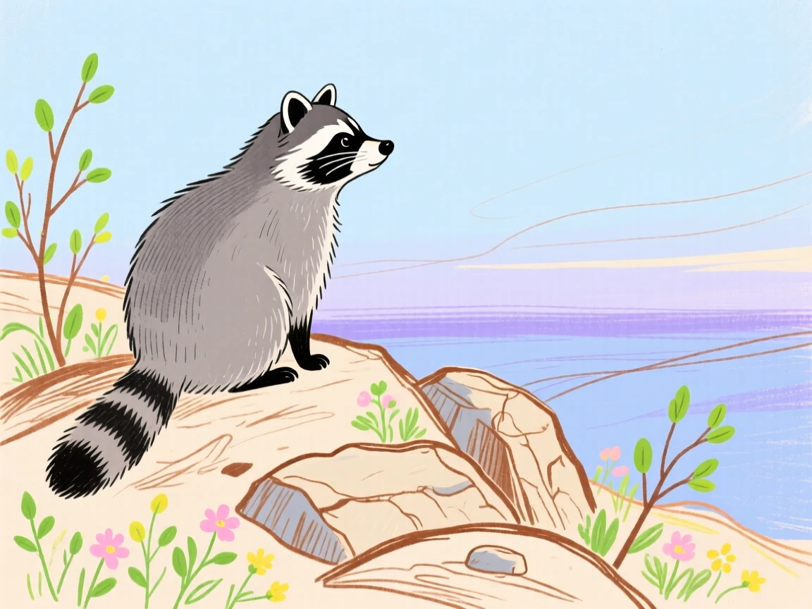 A curious raccoon watching the horizon on a rocky hillside in early spring.