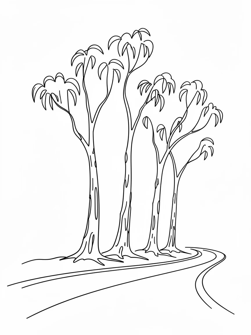 A stand of eucalyptus trees with peeling bark along an outback road
