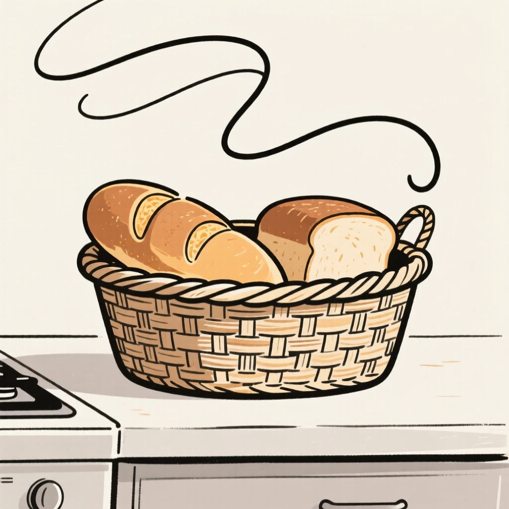 A woven basket filled with freshly baked bread on a kitchen counter.