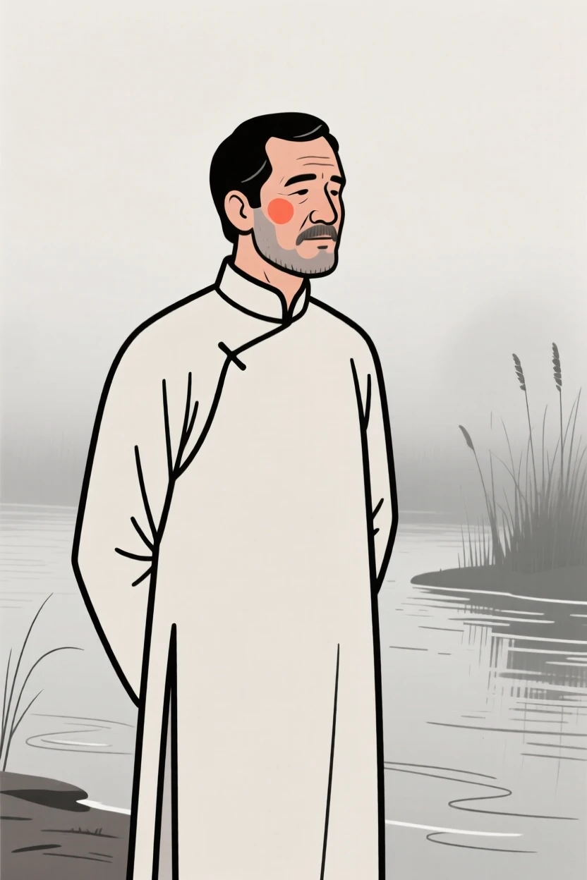 A man in his forties of Turkish heritage wearing a Vietnamese ao dai, looking serene and at peace, on a misty riverbank.