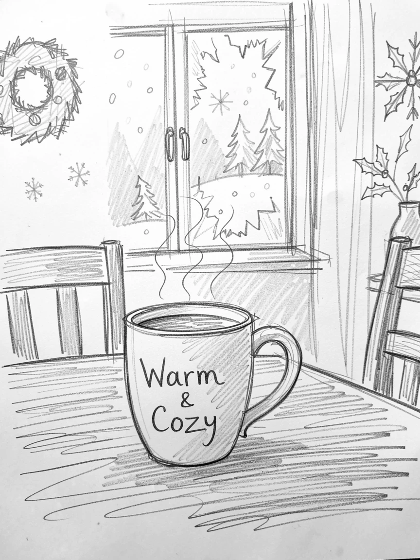 A joyful holiday moment: a hot cocoa mug beside a frosted window in a beautifully set dining room, with an atmosphere of celebration and togetherness.