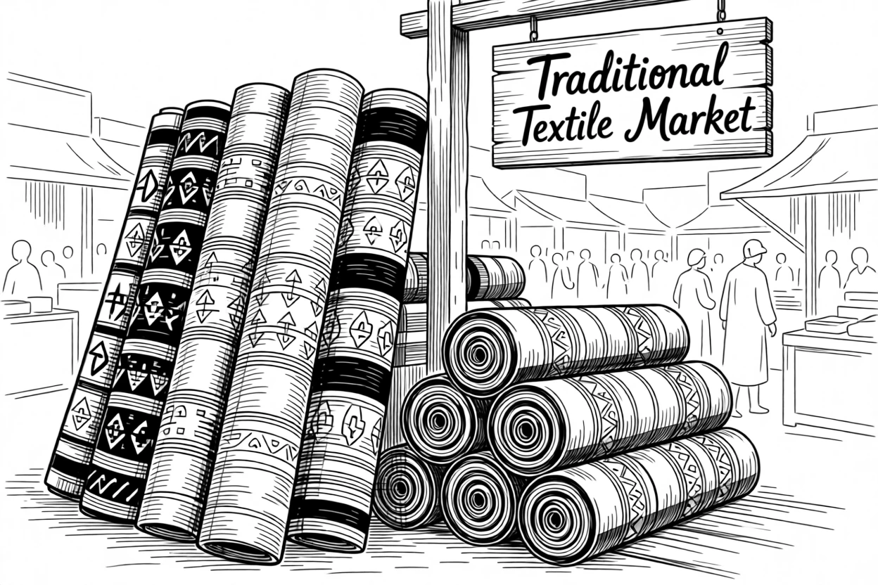 A vibrant traditional textile market with rolls of colorful fabric stacked high.