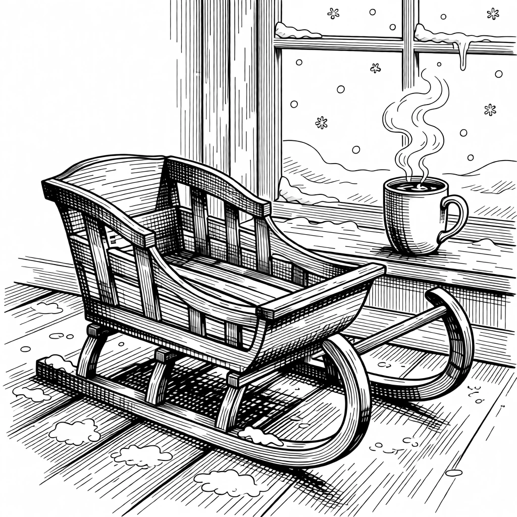 A sleigh resting in freshly fallen snow as snow gently falls outside the window, with a steaming mug of cocoa resting nearby, capturing a joyfully nostalgic seasonal moment.