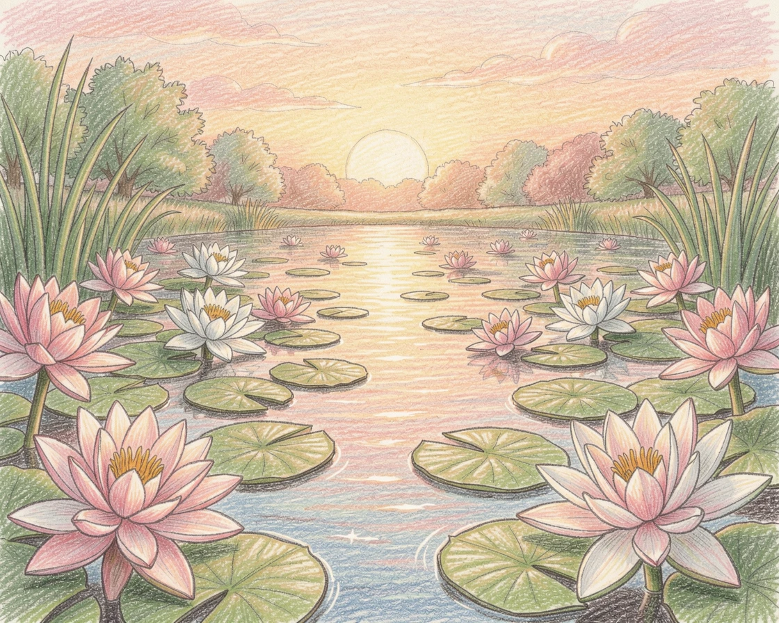 A quiet pond framed by blooming water lilies at sunrise, framed thoughtfully to draw the eye toward the central subject, perfect for anyone drawn to gentle, heartfelt imagery.