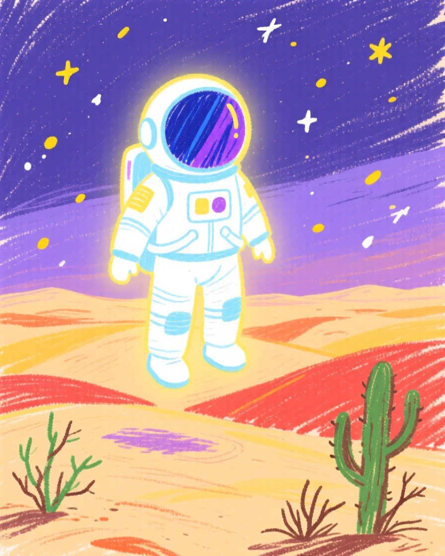 A lone astronaut glowing above a quiet desert horizon.