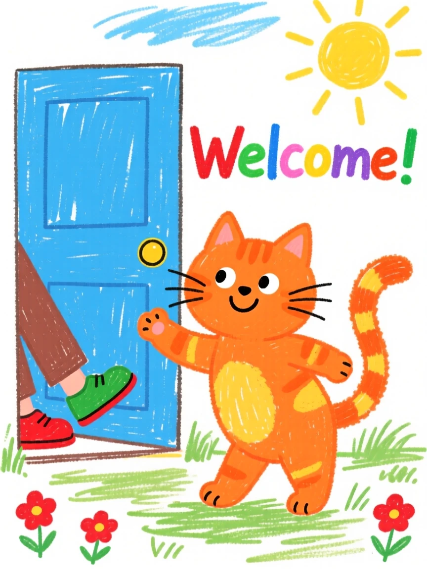 A fluffy orange kitten greeting its owner at the front door with a wagging tail.