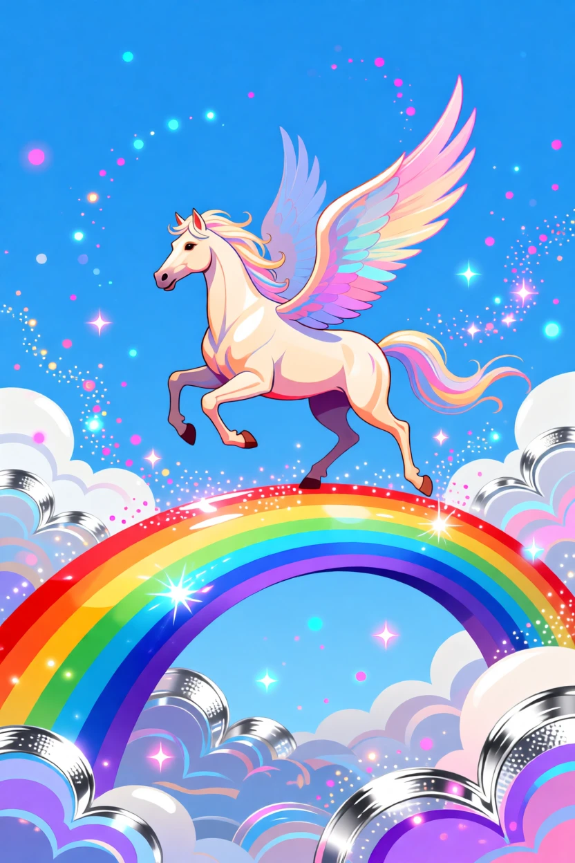 A pegasus galloping across a rainbow bridge in the sky, surrounded by swirling clouds of shimmering stardust, composed with a dreamlike, ethereal atmosphere, with subtle magical particles drifting through the air.
