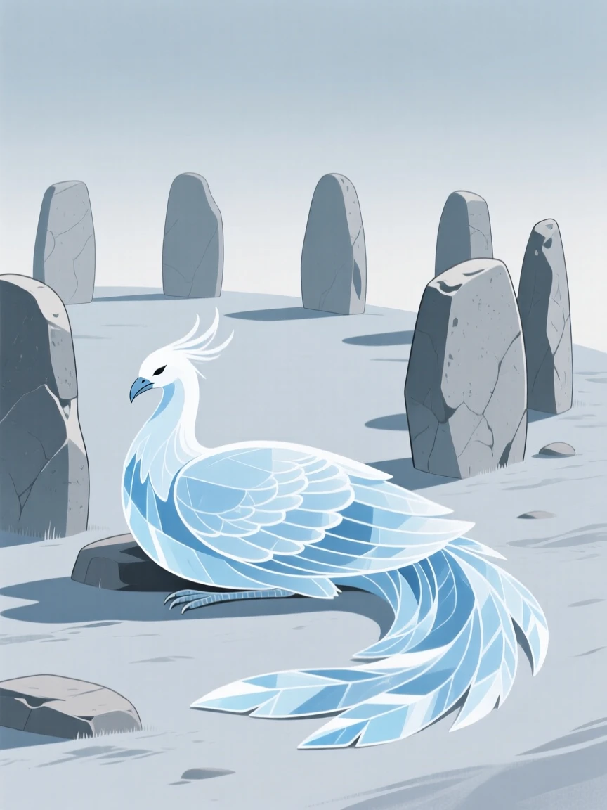 An ice phoenix resting quietly near an ancient stone circle.