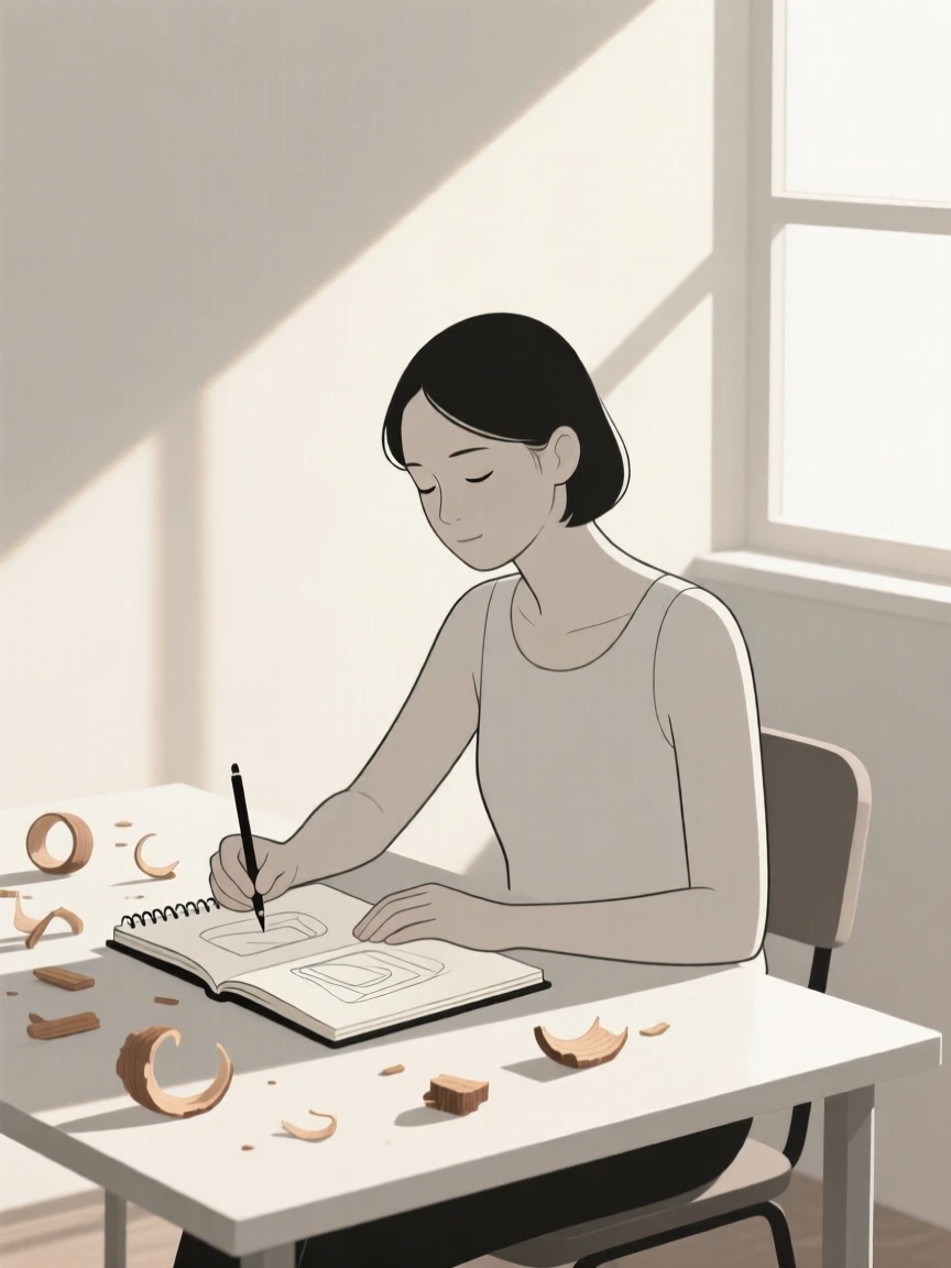 A person sketching in a notebook in a sunlit studio, surrounded by wood shavings, showing focused calm.