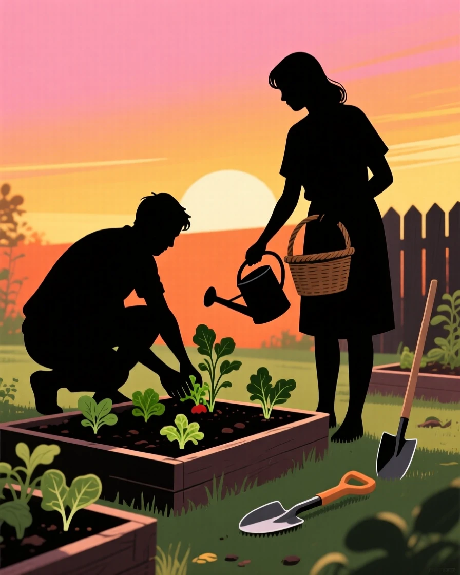 A couple tending to a small vegetable garden in their backyard.