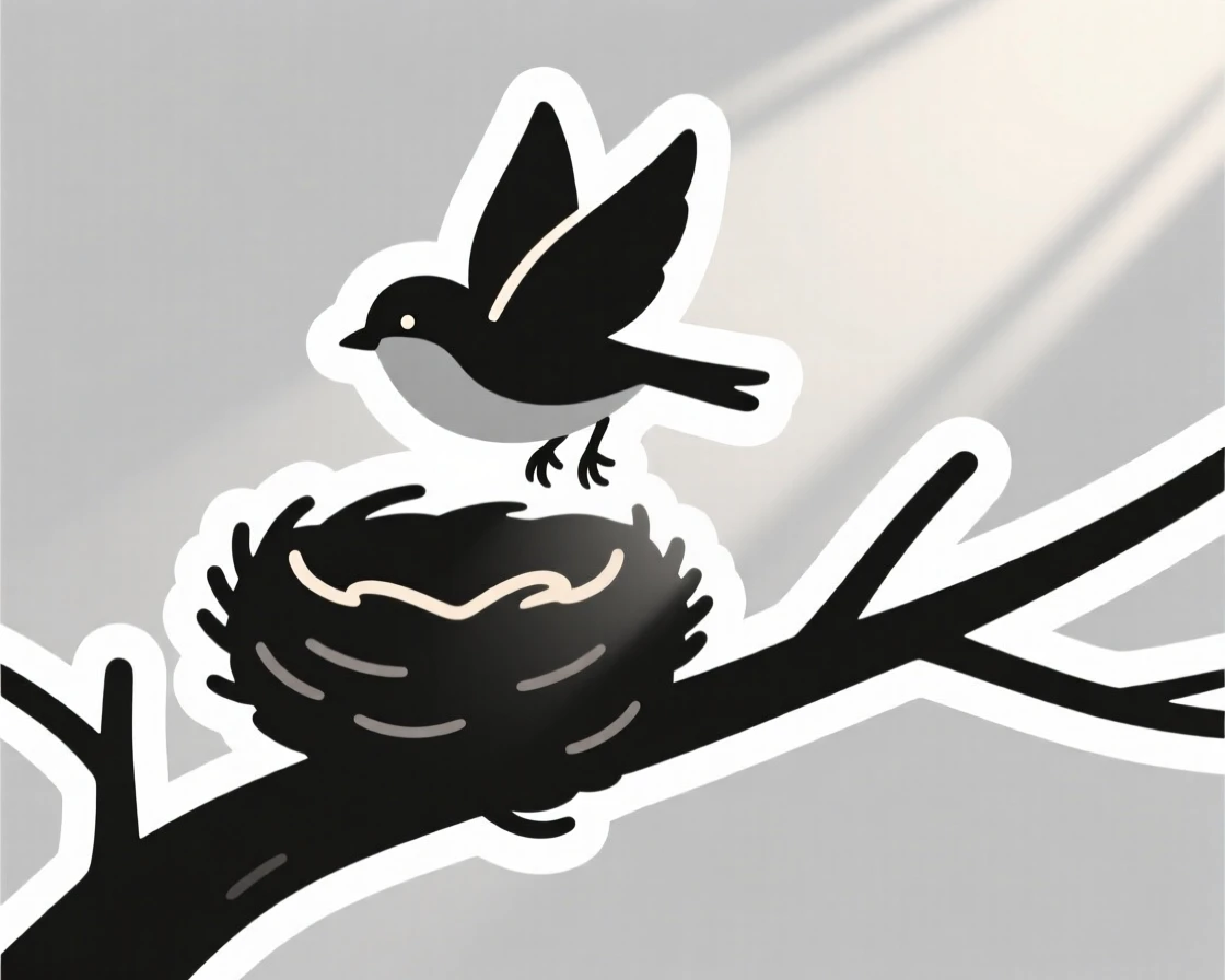 A deeply peaceful scene of a tiny bird taking its first flight from the nest, with light breaking gently through the scene, representing a new beginning.