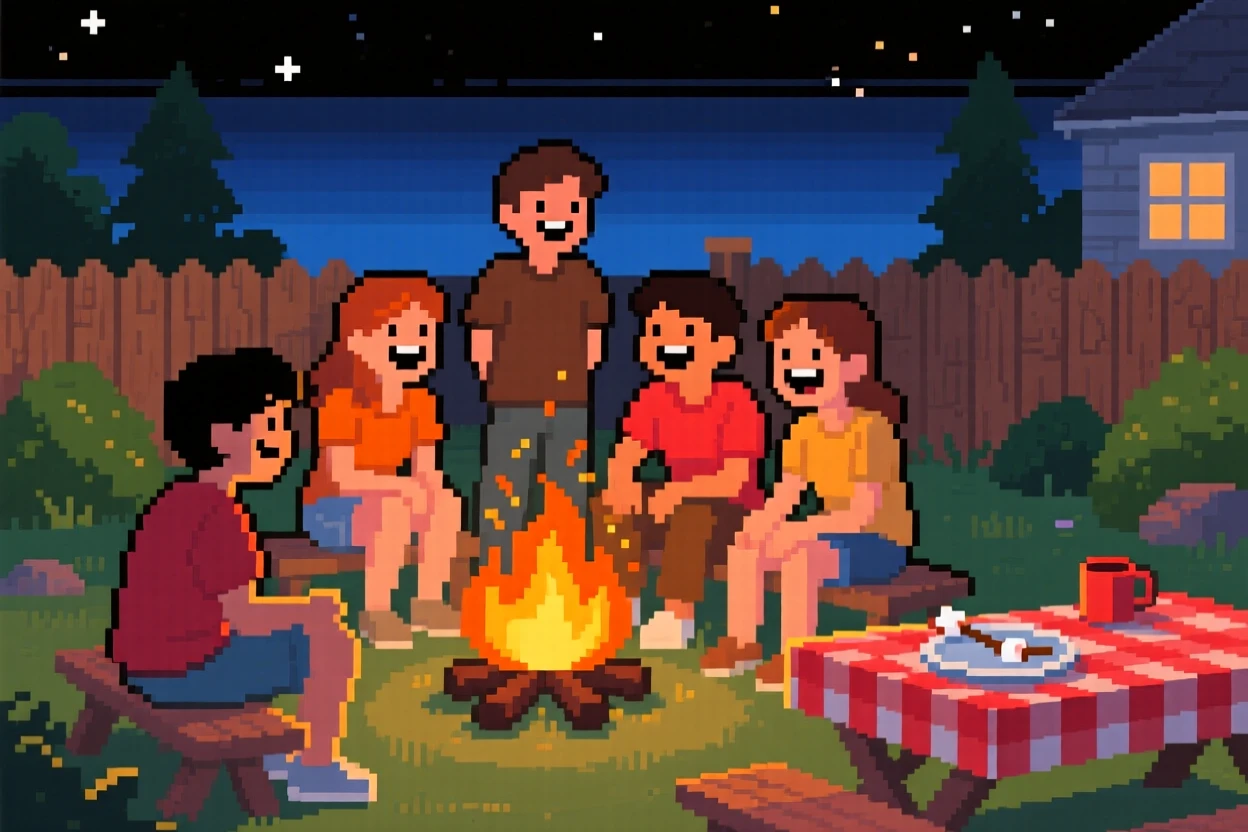A group of friends around a campfire laughing together on a warm summer evening, in a backyard set up for a summer evening.