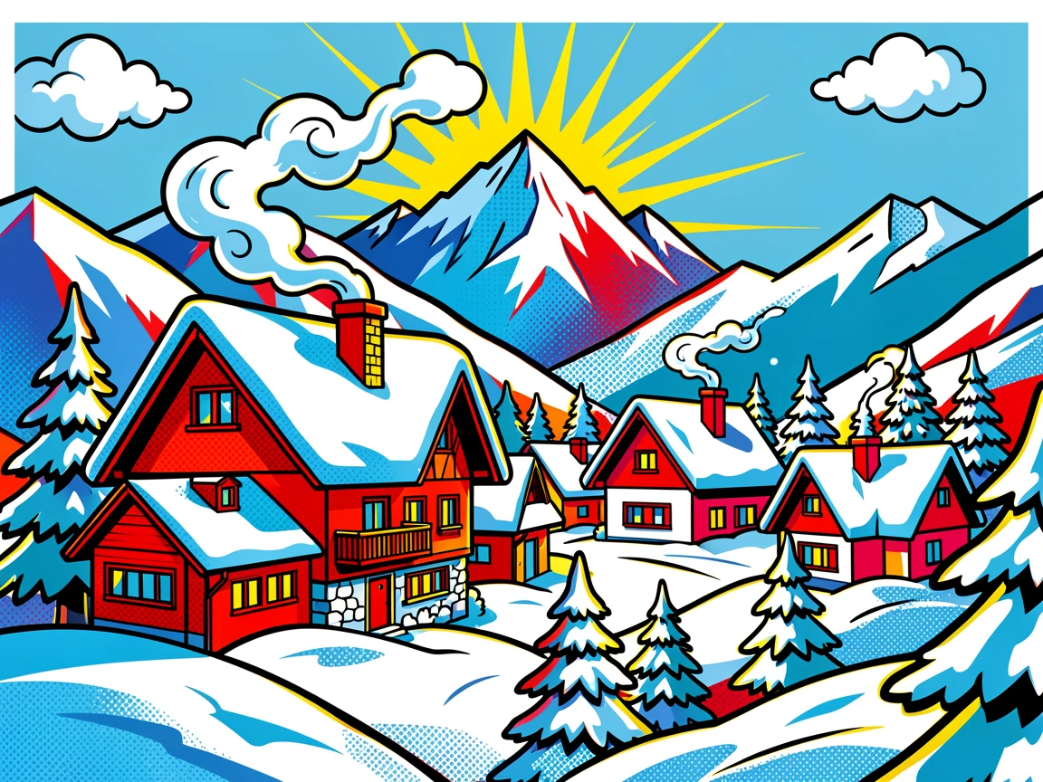 A mountain village dusted with fresh snow