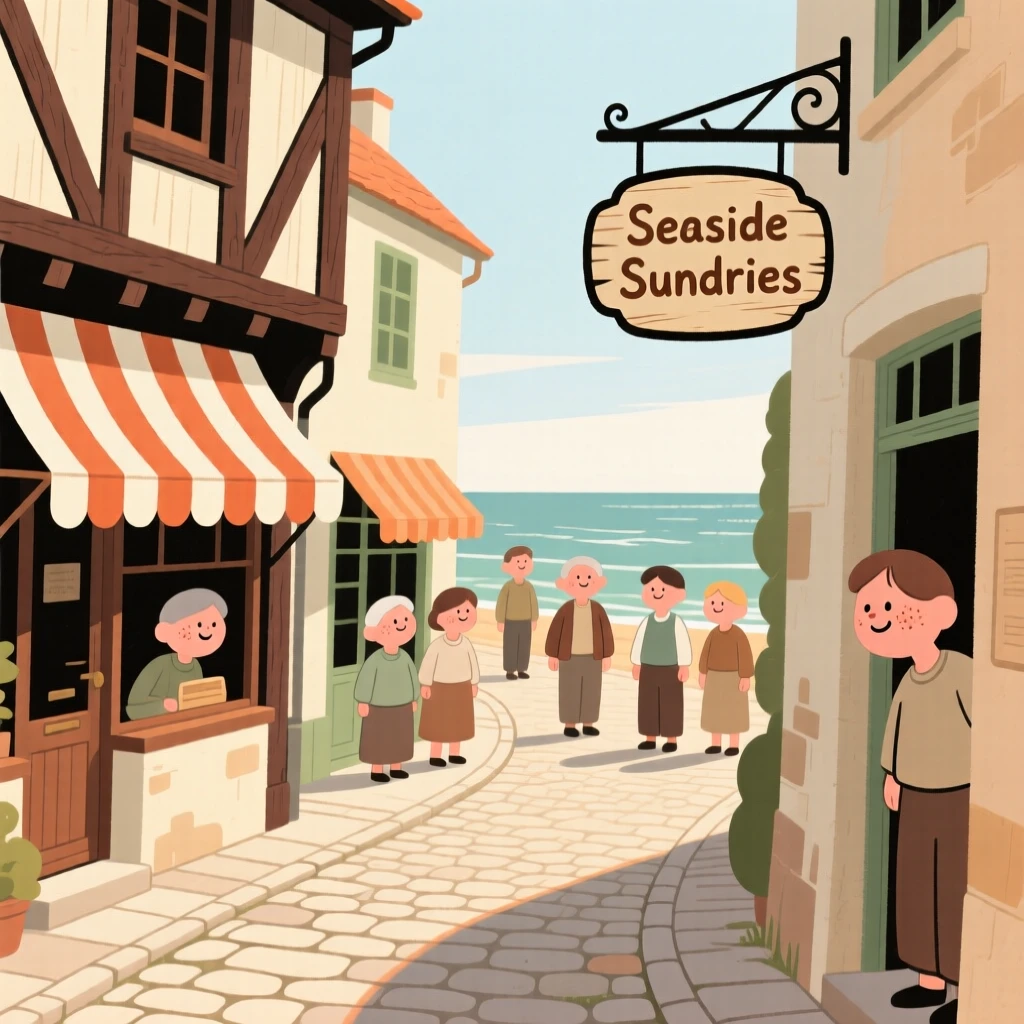 A sunlit alley winds through a small seaside village lined with timber-framed shops and striped awnings, quiet in the early morning light.