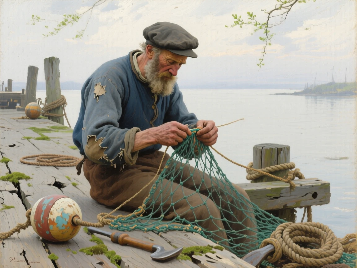 A detailed close shot of an old sailor mending a fishing net on a weathered dock, in the late 19th century, in early spring.