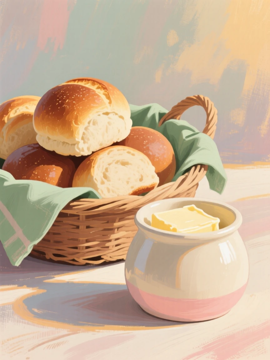 A basket of warm rolls beside a crock of fresh butter
