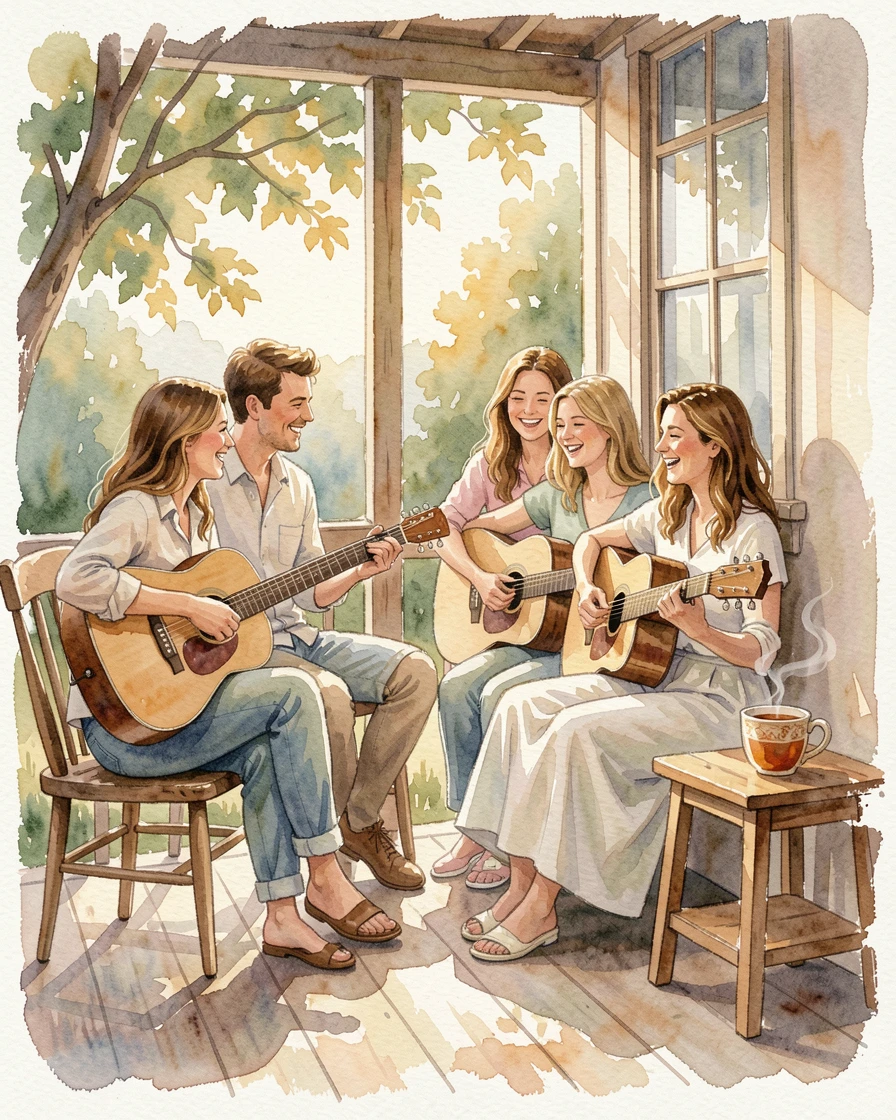 A group of friends playing music together on a porch with a warm cup of tea nearby.