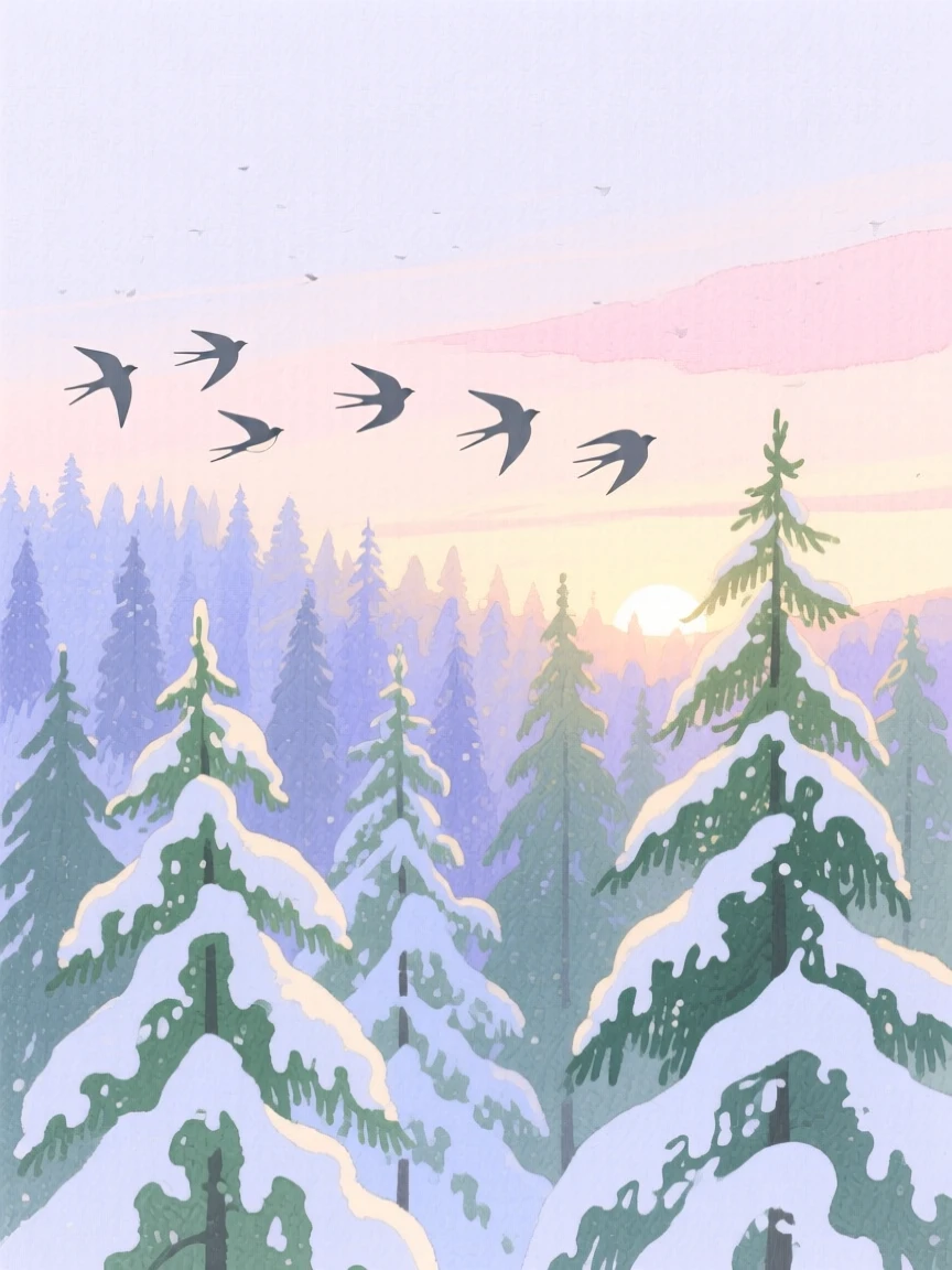 A breathtaking view of a snow-dusted pine forest in the soft glow of dusk, where a flock of birds crosses the sky