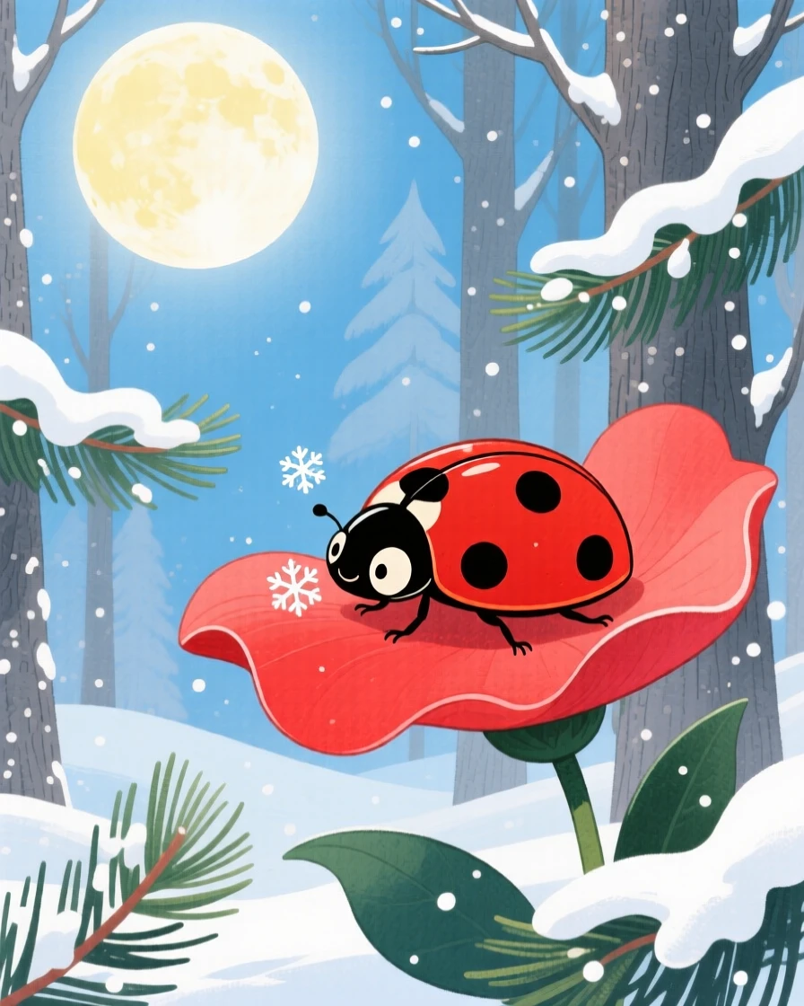 A ladybug resting on a petal discovering something new in a snowy pine forest under a full moon.